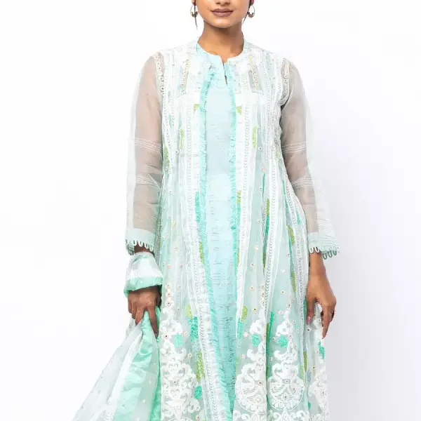 Cyan Embroidered Panama Heritage Theme Muslin Shalwar Kameez