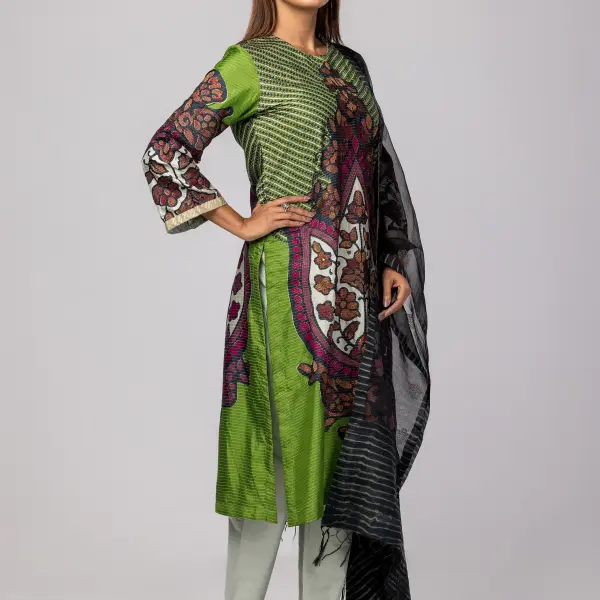 Green Printed And Embroidered Vortex Silk Shalwar Kameez